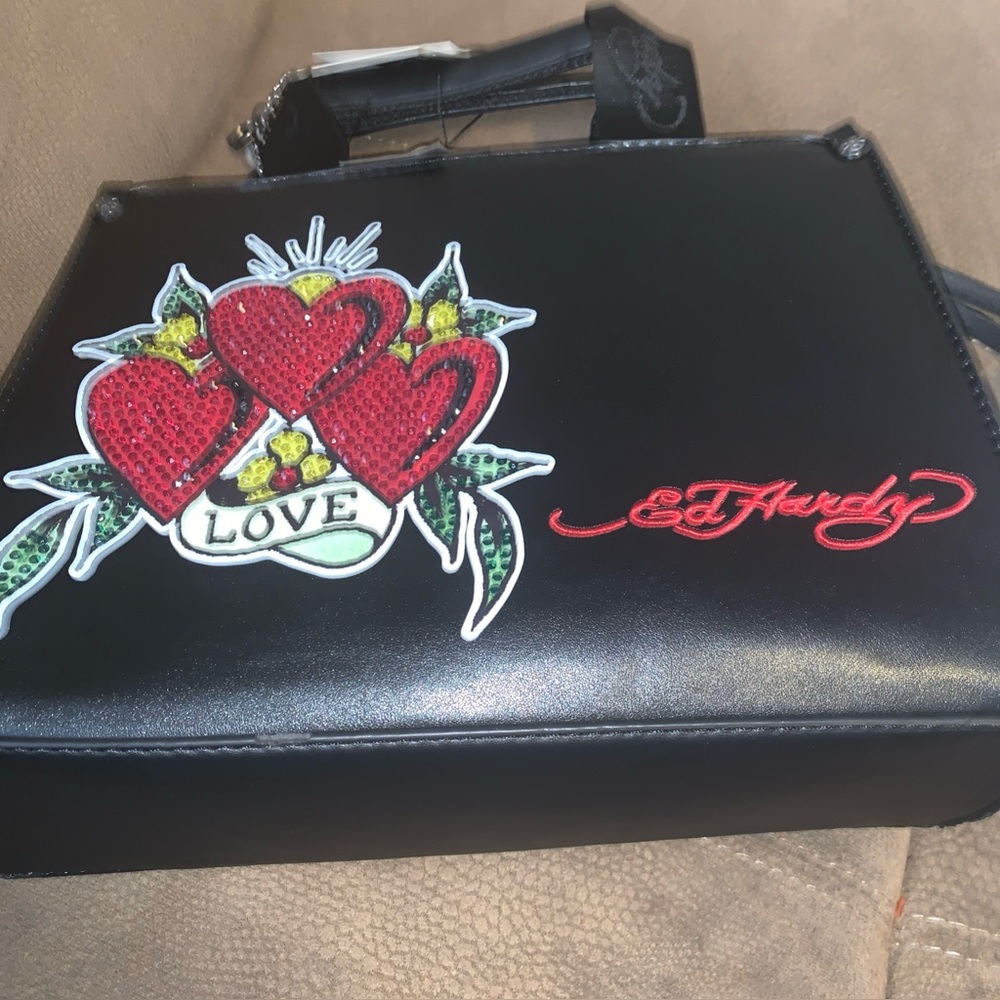 Ed Hardy Black Mini Bag with Red Heart Motif